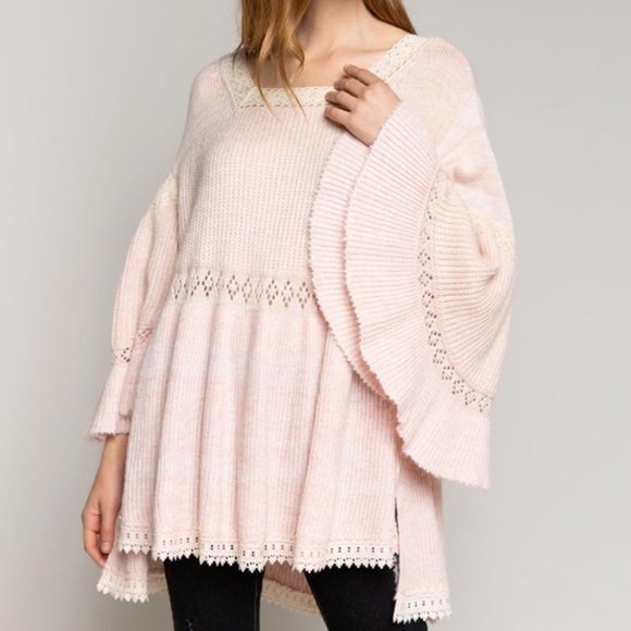 Pink Flutter Bell Sleeve Lace Boho Tunic Sweater - Picture 3 of 9